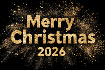Golden Glitter Explosion Behind Merry Christmas 2026 Text, Festive Holiday Background