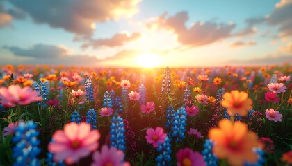 Vibrant wildflower meadow bathed in golden sunset light with dramatic clouds