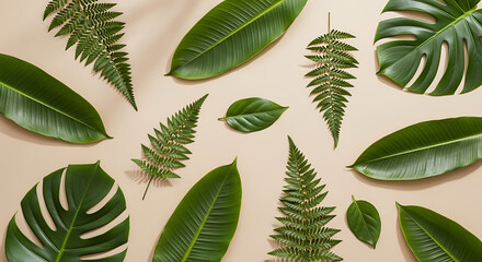 Assortment of lush green tropical leaves scattered on a neutral background