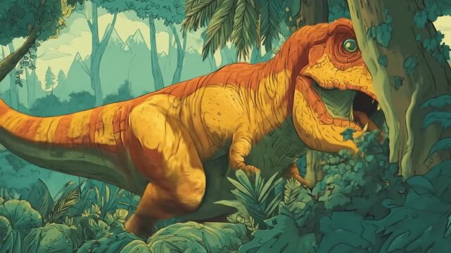 <A vivid orange dinosaur stands amid dense jungle, sunlit leaves framing its curious, friendly face!!> - Powered by Adobe