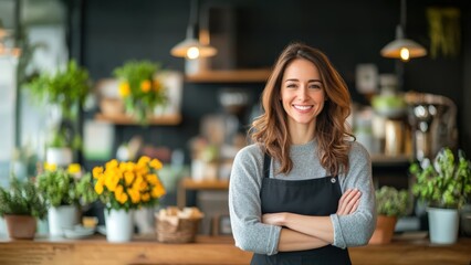 Confident female business owner with brunette hair stands in modern shop with floral decor, expressing pride, independence, and positivity in a welcoming retail environment.