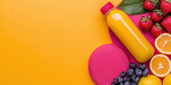 Fitness exercise regimen concept. Colorful fruits and a juice bottle arranged on a vibrant yellow background.