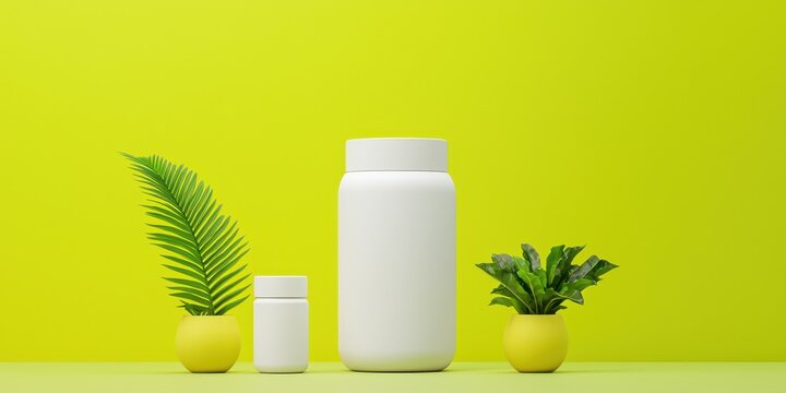 Fitness exercise regimen concept. White containers and green plants against a vibrant yellow background.