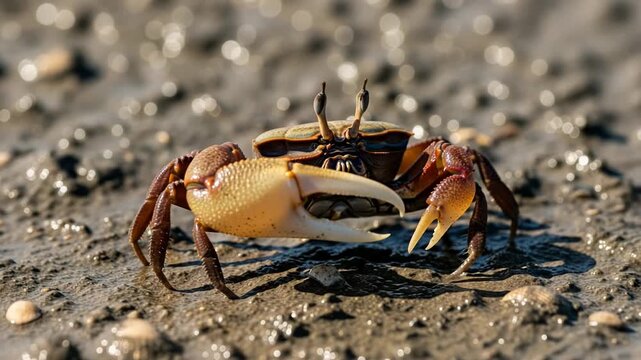 Fiddler crab with a large claw on muddy ground