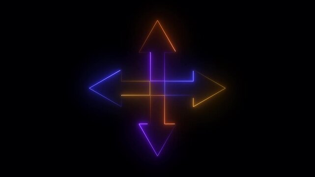 Neon up down direction arrow icon animation. four arrow icon animation on black background.