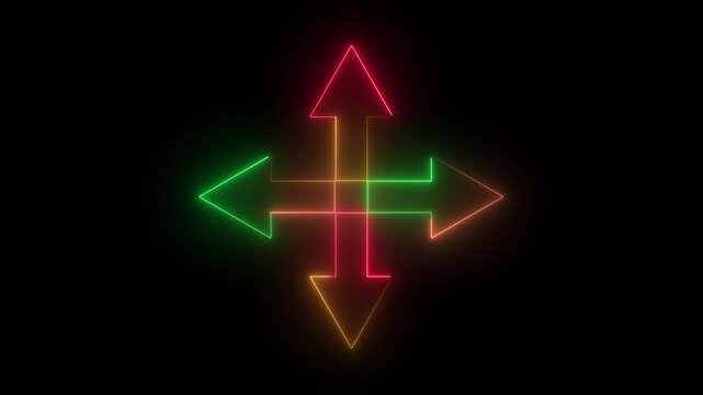 Neon up down direction arrow icon animation. four arrow icon animation on black background.
