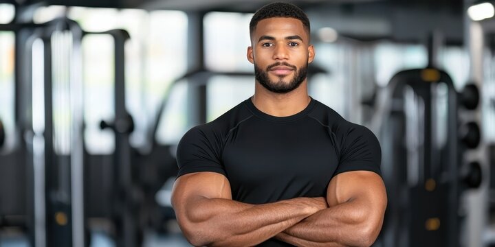 Fitness exercise regimen concept. Confident man in a gym, showcasing muscular physique and fitness dedication.
