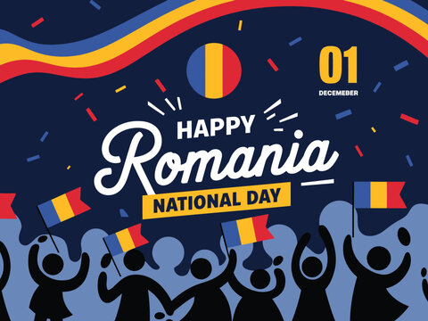 Vector art of happy romania national day with people celebrating holding flags and confetti falling