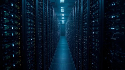 Data centers filled with rows and rows of servers as blinking light indicate constant processing, high detail, cinematic angle composition
