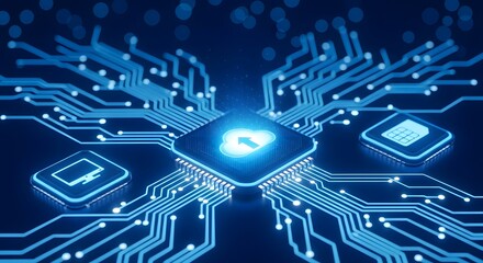 Abstract digital cloud computing concept with glowing blue circuit board and microchip, representing data storage and network technology