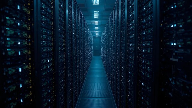 Data centers filled with rows and rows of servers as blinking light indicate constant processing, high detail, cinematic angle composition