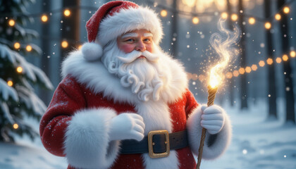 Santa Claus stands in a snowy forest under the northern lights, dressed in a red fur coat, holding a glowing magic staff in his hands. The trees are decorated with a garland of light bulbs