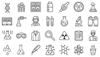 Fototapeta premium Lab and Chemistry Line Icons, Test Tube, Beaker, Microscope, Molecule, Bunsen Burner, Flask, DNA, Safety Goggles, and More.