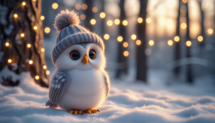 A fluffy owl, decorated with a knitted hat, sits in the snow surrounded by twinkling lights