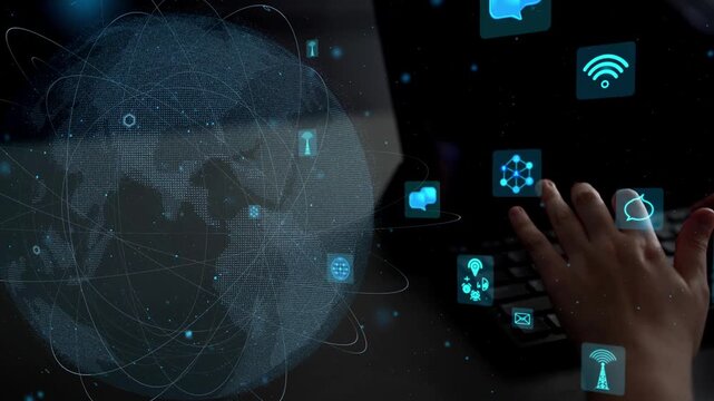 A user interacts with a digital interface featuring global connectivity symbols and data visualization icons, representing modern technology and communication concepts. Xenic - Powered by Adobe