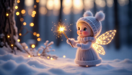 A little fairy in a white wool dress and a knitted hat with golden wings holds a magic wand against a background of snow-covered Christmas trees and golden lights