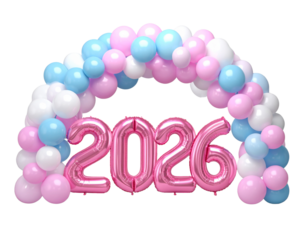  Colorful Balloon Arch with Pink 2026 Numbers transparent background.