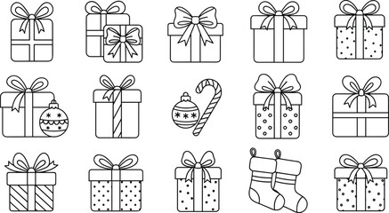 Christmas gift boxes and stockings outline clipart set with bows, ornaments, candy cane, festive holiday line art illustrations bundle