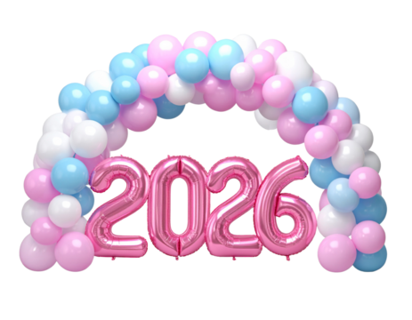  Colorful Balloon Arch with Pink 2026 Numbers transparent background.