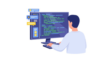 Programmer Working on Computer with Code and Chat Bubbles Representing Software Development and Communication