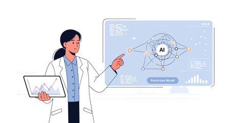 Scientist Explains Artificial Intelligence AI Network on Futuristic Computer Screen with Data Charts
