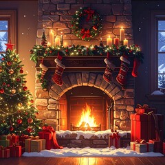 A warm, cozy holiday scene featuring a lit fireplace, decorated Christmas tree, and festive stockings. Snow falls gently outside the windows