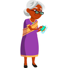 Elderly Indian Woman In Purple Saree Cleaning With Soap And Sponge With Transparent Background