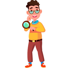 Curious Cartoon Man Wearing Glasses and Yellow Sweater Holding Magnifying Glass Examining Something Thoughtfully