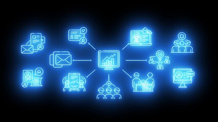 Glowing blue digital icons representing global business communication and social network system - Powered by Adobe