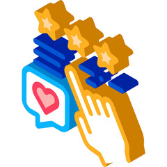 Customer feedback concept with a hand cursor selecting a star rating above a heart icon in a speech bubble illustration on a white background