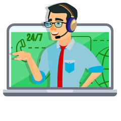 Customer service agent with headset on laptop screen offering 24/7 support with global connection graphic detailed illustration