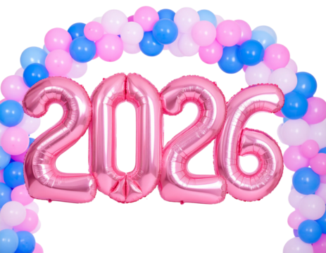 Festive Pink, Blue, and White Balloon Arch with “2026” Display transparent background.