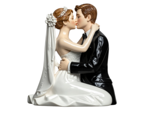 Porcelain Bride and Groom Figurine Sharing a Kiss transparent background.