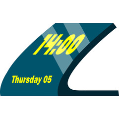 Digital Clock Displaying 1400 Time And Thursday 05 Date With Teal Blue Graphic Element And Yellow Text On Transparent Background Vector Art