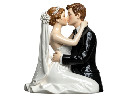 Porcelain Bride and Groom Figurine Sharing a Kiss transparent background.