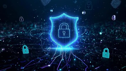 Glowing digital shield and padlocks on dark network background - Powered by Adobe