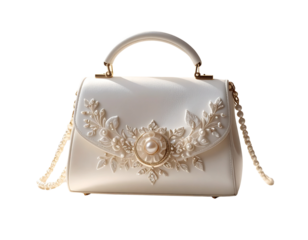 Romantic Bridal Purse with Ivory Flowers and Embroidered Design transparent background.