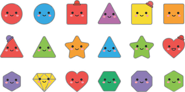 Basic geometric shapes kids, black and colorful cute flat icons set, cartoon characters isolated on transparent background. Education and children game. Geometric primitives vector collection