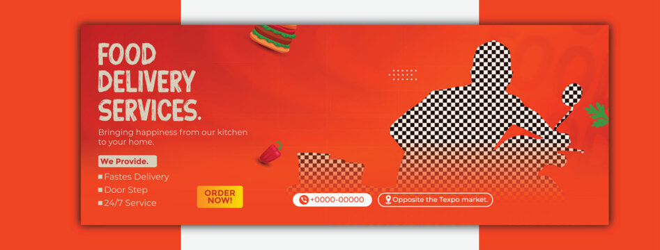Food delivery service social media cover design with courier on scooter