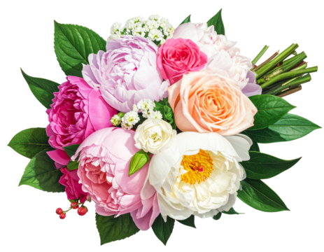  Romantic Pink and White Flower Bouquet with Greenery transparent background.