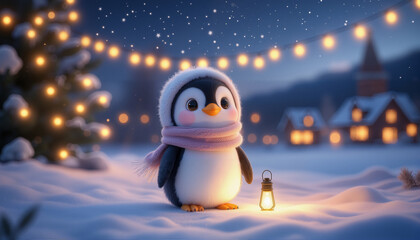 A penguin in a winter landscape with festive decorations in a white hat and pink scarf stands next to a lantern on the background of a Christmas tree. Celebrating Christmas and New Year