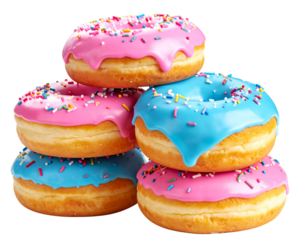  Stack of Pink and Blue Frosted Donuts with Sprinkles transparent background.