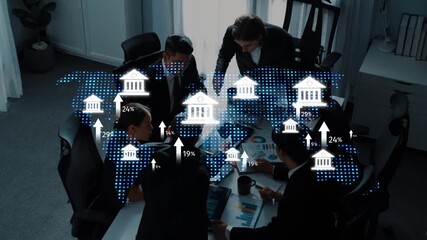 A dynamic corporate meeting showcases diverse professionals analyzing financial data on a world map. Engaging discussion and teamwork drive innovative strategies for growth. Raster - Powered by Adobe