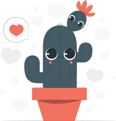 Cute cartoon cactus in a pot with hearts and a love bubble plant
