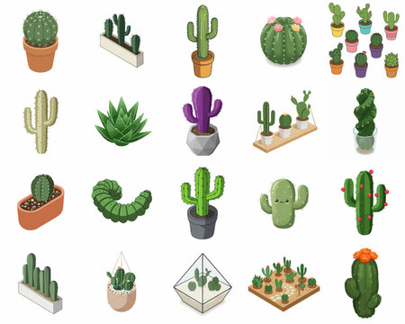 Pixelated Collection of Various Cacti and Succulents Potted Plants Icon Set