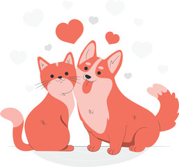 Cute Cat and Corgi Dog in Love vector illustration