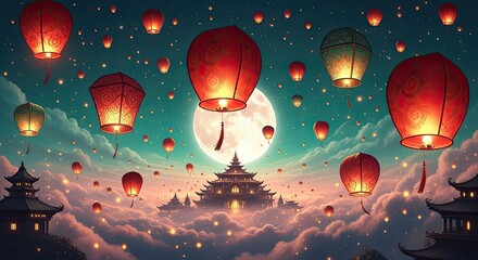 Illuminated Sky: An Enchanting Celebration of Chinese Lanterns Above Pagodas Under a Full Moon's Gentle Glow, A Cultural Tapestry of