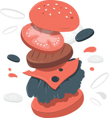 Deconstructed hamburger ingredients floating in air sandwich food