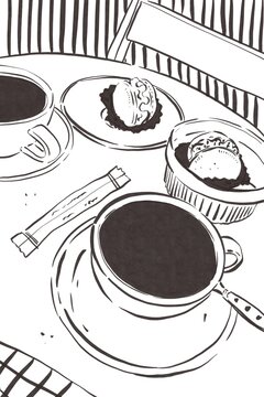 Stylish sketch of two coffee cups and macarons in caf&eacute;