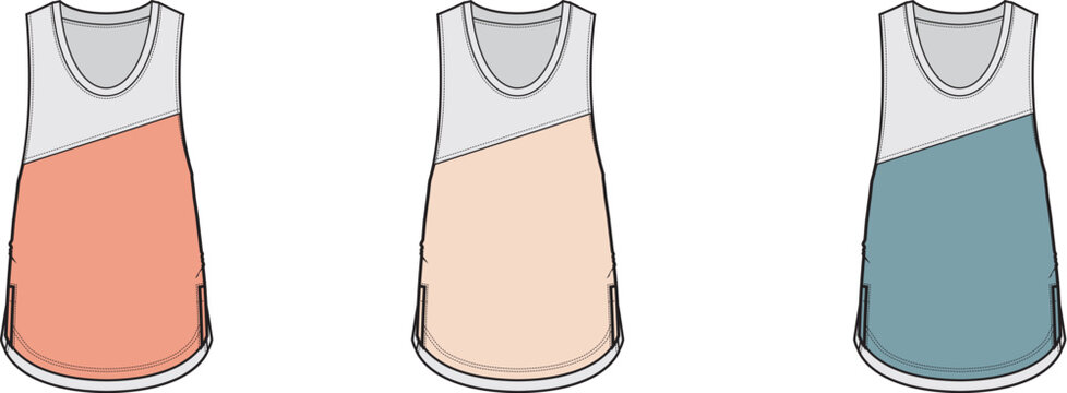 Vector illustrations of women's sleeveless tank tops, featuring a diagonal color block design. This set displays three varied color palettes, perfect for fashion apparel concepts, textile mockups